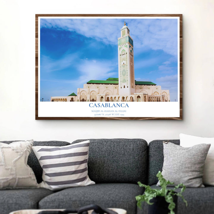Fine art photo poster of Hassan II Mosque in Casablanca Morocco with latitude and longitude coordinate text at the base. Released by MapYourDreams, this artwork is available in flexible options including unframed paper, custom wooden frames, and gallery canvas wraps for home wall art.
