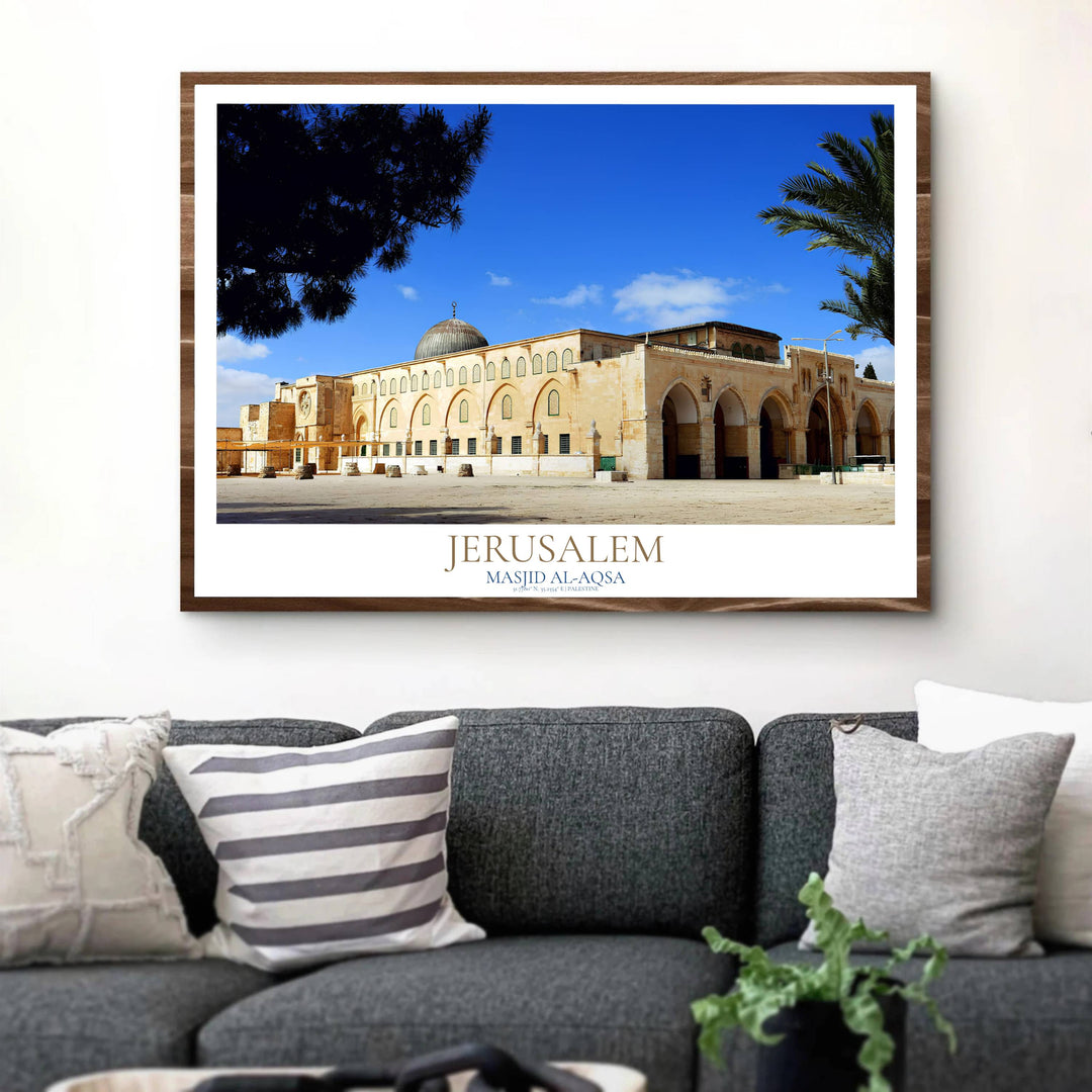 Bright sunny day photo print of Al Aqsa Mosque in Jerusalem Palestine framed naturally by pine branches and palm trees. Designed by MapYourDreams, this artwork is available in flexible options including unframed paper, custom wooden frames, and gallery canvas wraps for home wall art.