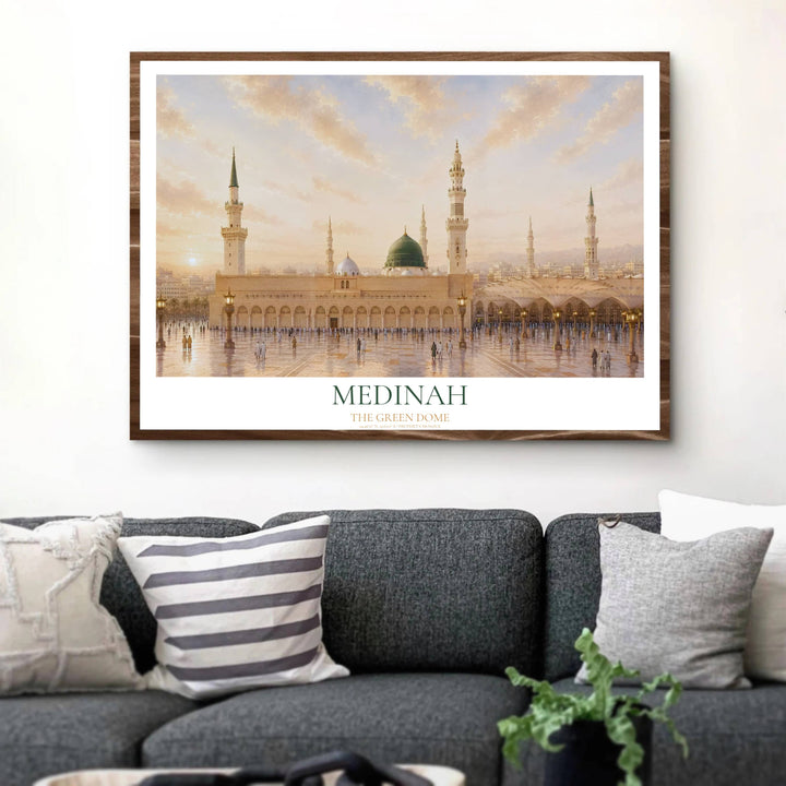 Madinah travel print showing the Prophet Mosque morning view in a crisp fine art architectural landscape photography poster style. Handcrafted by MapYourDreams, this artwork is available in flexible options including unframed paper, custom wooden frames, and gallery canvas wraps for gallery wall displays.