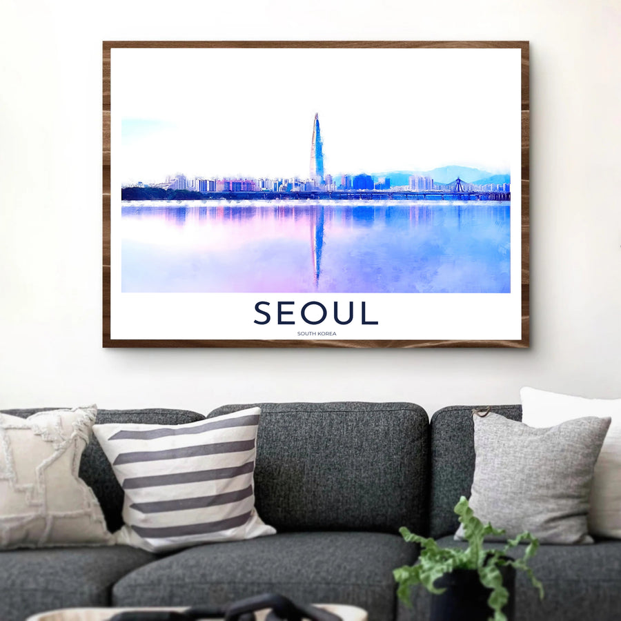 Captivating water reflection poster showcasing Lotte World Tower against high-key glowing skies in Seoul, styled by MapYourDreams in flexible options including unframed archival paper, dark wood frames, and gallery canvas formats designed for lasting visual appeal.