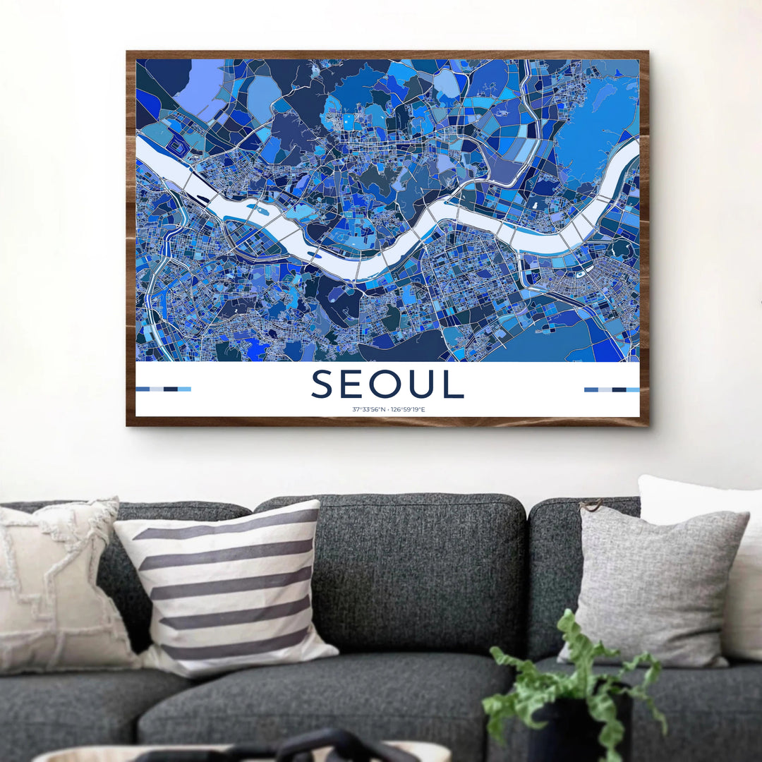 Captivating abstract city map poster highlighting the geographic beauty of Seoul, South Korea, styled by MapYourDreams in flexible options including unframed archival paper, dark wood frames, and gallery canvas formats engineered for long-lasting color accuracy.