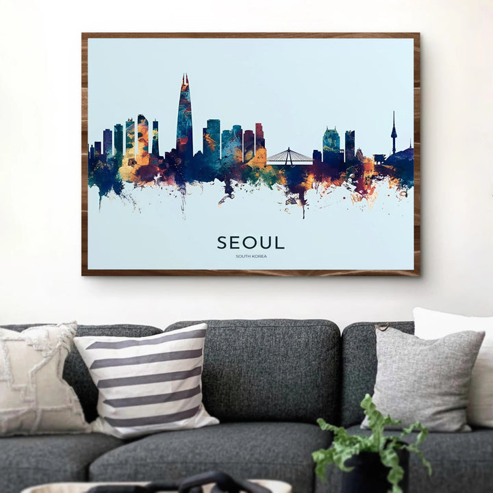 Captivating watercolor skyline poster highlighting Lotte World Tower against a clean ice-blue background in South Korea, styled by MapYourDreams in flexible options including unframed archival paper, dark wood frames, and gallery canvas formats engineered for lasting visual appeal.