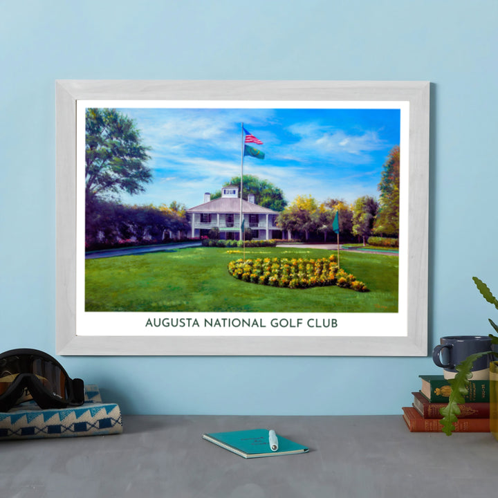 Traditional Augusta golf course print scenery featuring the famous Founders Circle floral bed framed by tall pine trees and soft grass. Offered by MapYourDreams, this artwork is available in flexible options including unframed paper, custom wooden frames, and gallery canvas wraps for tailored home wall decor setups.