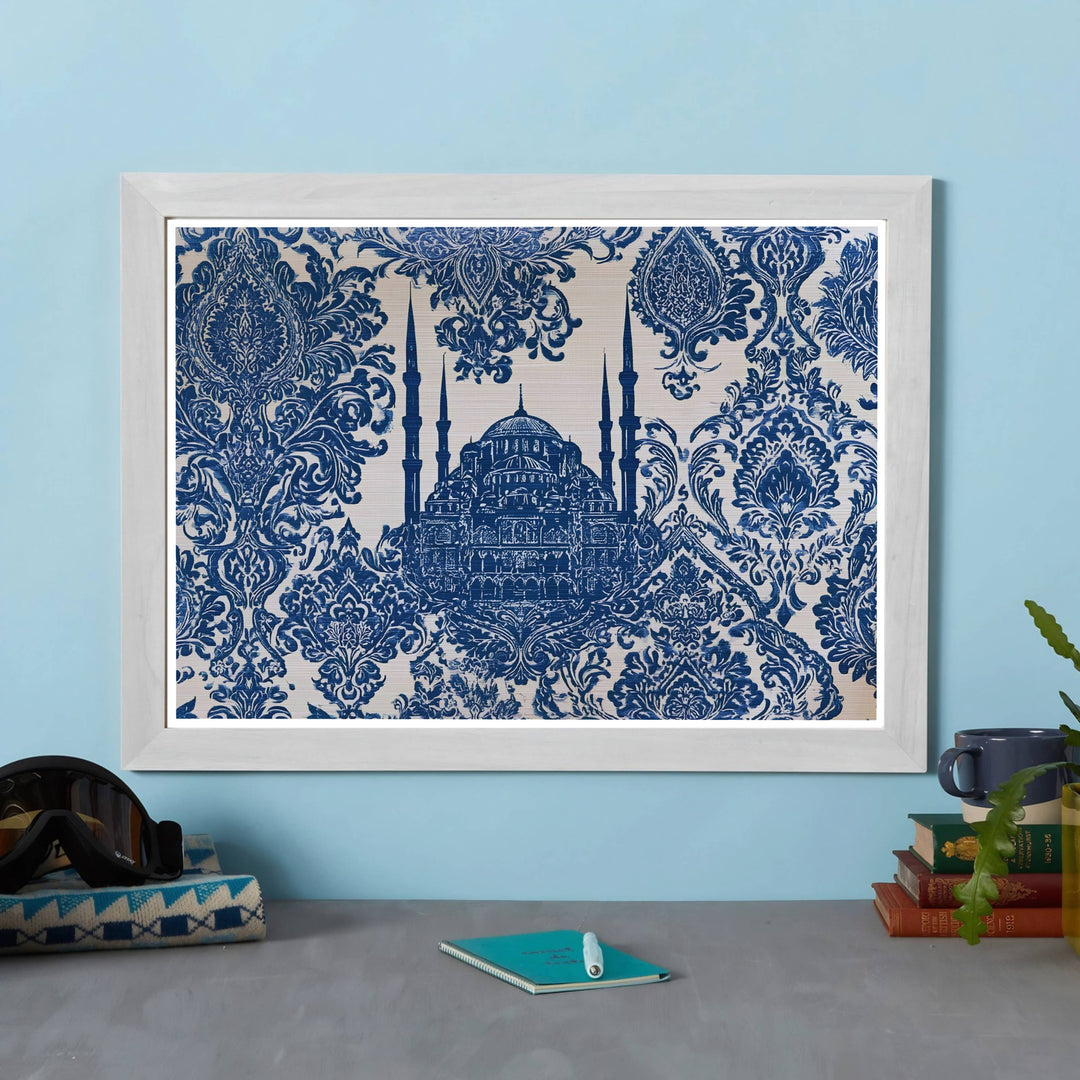 Ornate blue and white Istanbul Turkey poster displaying Sultan Ahmed Mosque in a damask pattern frame. Offered by MapYourDreams, this artwork is available in flexible options including unframed paper, custom wooden frames, and gallery canvas wraps to enhance any wall space.