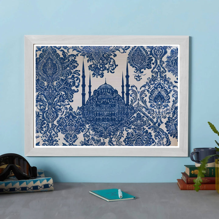 Ornate blue and white Istanbul Turkey poster displaying Sultan Ahmed Mosque in a damask pattern frame. Offered by MapYourDreams, this artwork is available in flexible options including unframed paper, custom wooden frames, and gallery canvas wraps to enhance any wall space.