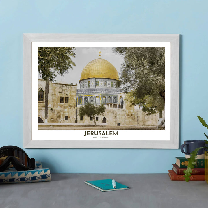 Scenic Jerusalem travel poster displaying Dome of the Rock photography with sleek title text at the bottom. Offered by MapYourDreams, this artwork is available in flexible options including unframed paper, custom wooden frames, and gallery canvas wraps to enhance any wall space.