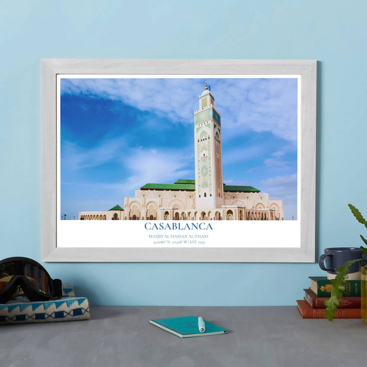 Scenic Casablanca Morocco poster displaying Hassan II Mosque photography with sleek title text reading CASABLANCA. Offered by MapYourDreams, this artwork is available in flexible options including unframed paper, custom wooden frames, and gallery canvas wraps to enhance any wall space.