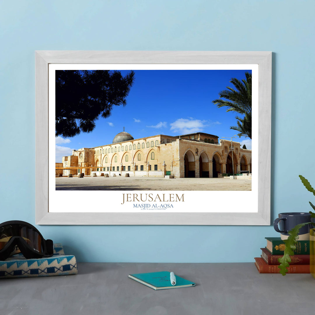 Fine art photo poster of Al Aqsa Mosque with headline reading JERUSALEM and subtitle reading MASJID AL-AQSA PALESTINE. Released by MapYourDreams, this artwork is available in flexible options including unframed paper, custom wooden frames, and gallery canvas wraps for home wall art.