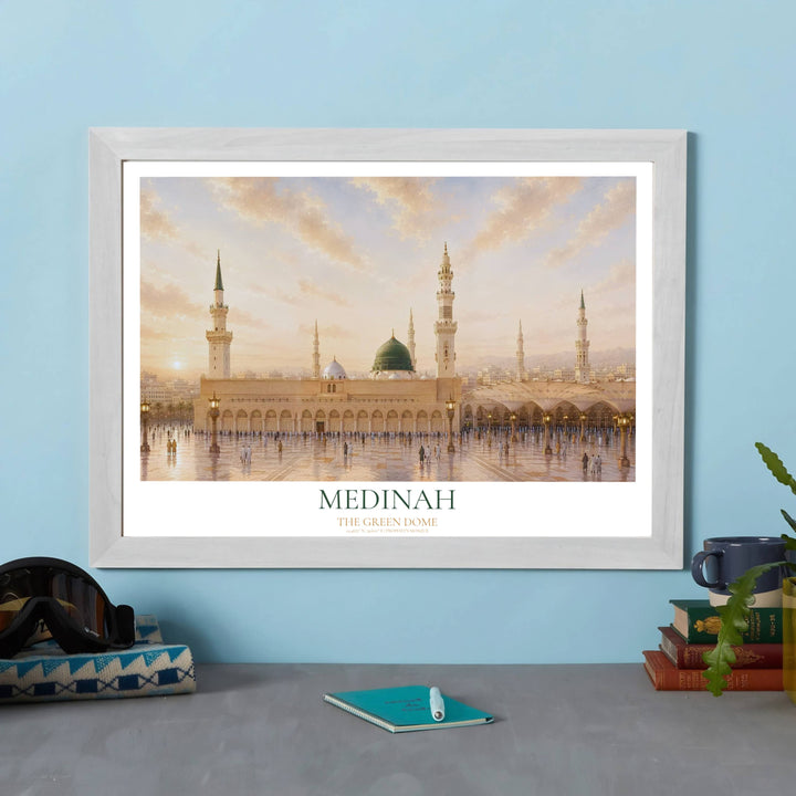 Fine art landscape photo poster of Al Masjid an Nabawi with headline reading MEDINAH and subtitle reading THE GREEN DOME PROPHET&