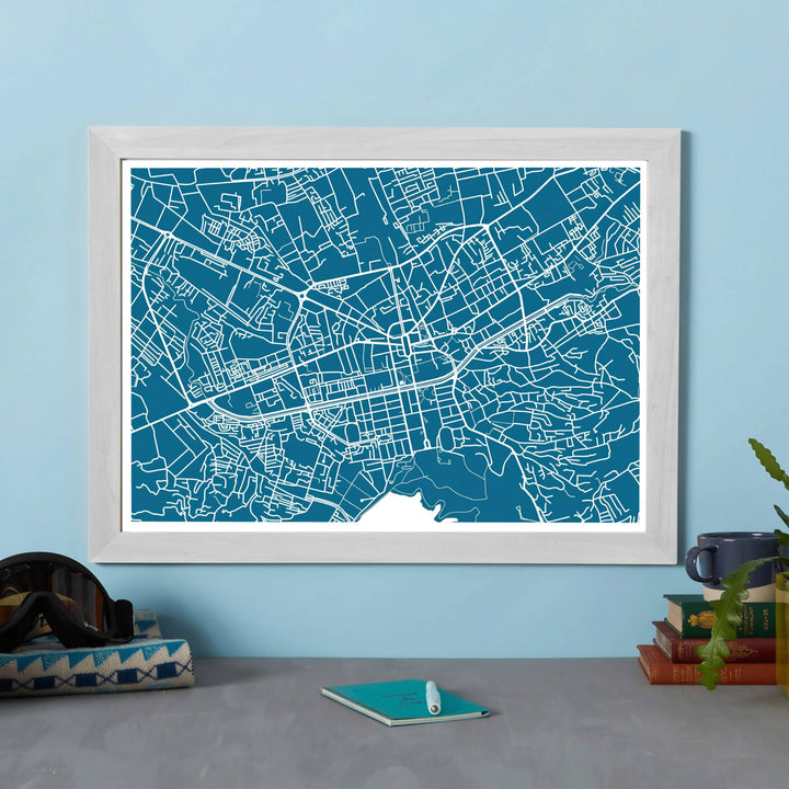 Celebrating the rapid growth and urban culture of Tirana, this cartographic art print turns complex road data into stunning modern wall decor. Select your ideal display presentation, including unframed fine art paper, wood frames, or gallery canvas wraps.