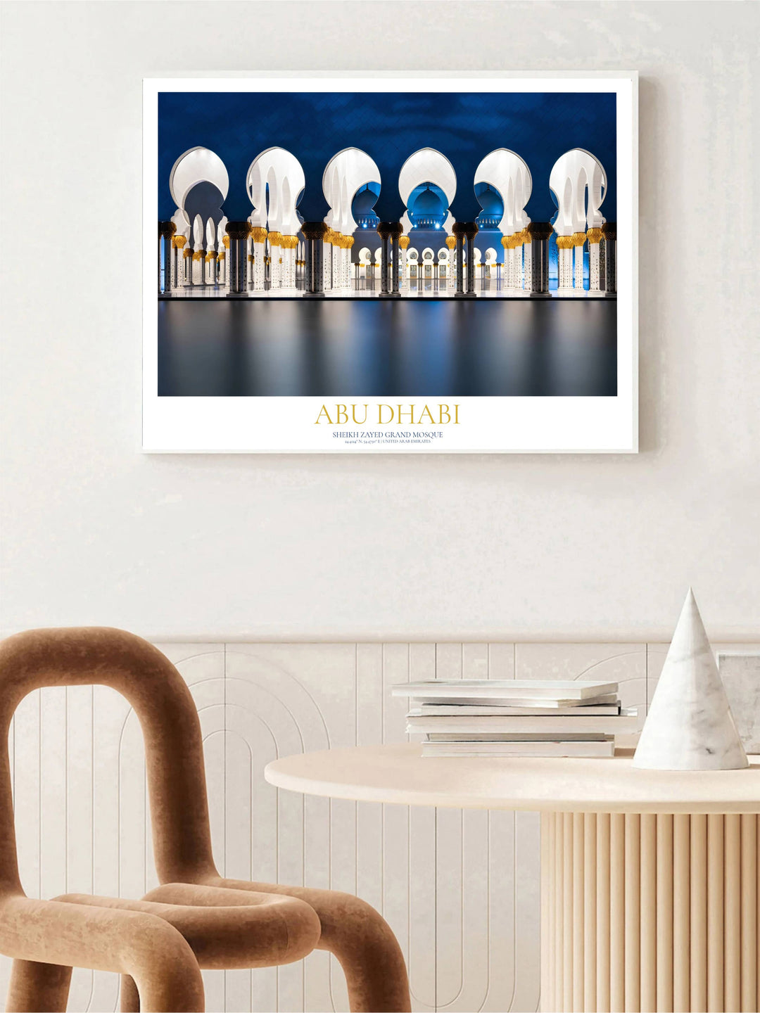 Fine art travel poster of Sheikh Zayed Grand Mosque Abu Dhabi illuminated under blue night sky. Available via MapYourDreams, this decor piece comes in multiple formats including unframed paper, sleek wooden framed choices, and stretched canvas options for classic wall art setups.