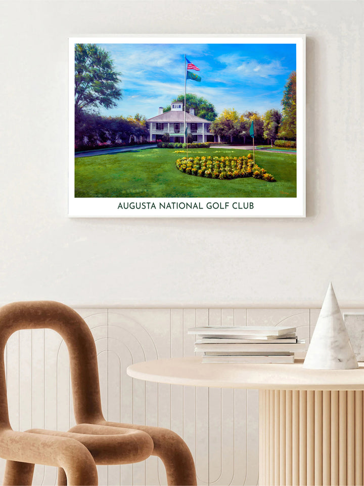 Fine painterly detail showing the symmetrical porch columns and roof tower on this Augusta clubhouse poster print created for sports fans. Offered by MapYourDreams, this artwork is available in flexible options including unframed paper, custom wooden frames, and gallery canvas wraps for tailored home wall decor setups.