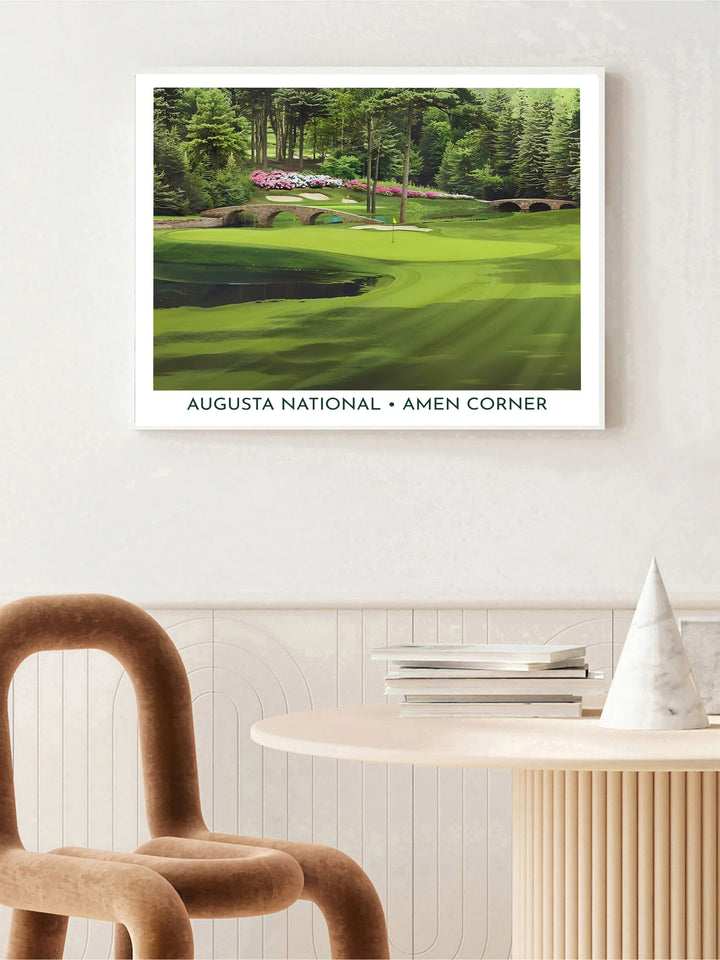 Augusta Georgia golf artwork capturing the tranquil beauty of Golden Bell with detailed tree bark, vibrant grass, and rustic stone bridges. Offered by MapYourDreams, this artwork is available in flexible options including unframed paper, custom wooden frames, and gallery canvas wraps for tailored home wall decor setups.