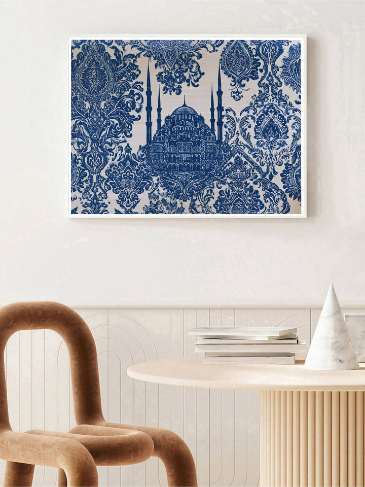 Vintage Iznik tile style print of the famous Blue Mosque in Istanbul Turkey with rich navy damask detail. Built by MapYourDreams, this artwork is available in flexible options including unframed paper, custom wooden frames, and gallery canvas wraps for modern apartment decor.