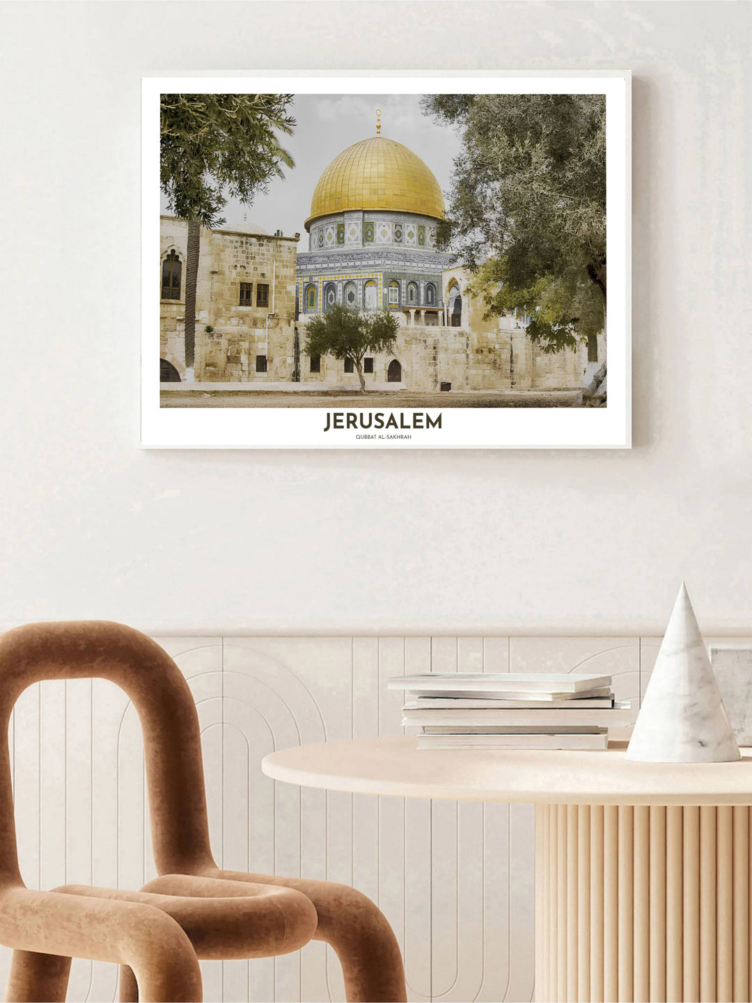 Architectural photo print of the sacred Dome of the Rock in Jerusalem Palestine with natural olive tree framing. Built by MapYourDreams, this artwork is available in flexible options including unframed paper, custom wooden frames, and gallery canvas wraps for modern apartment decor.