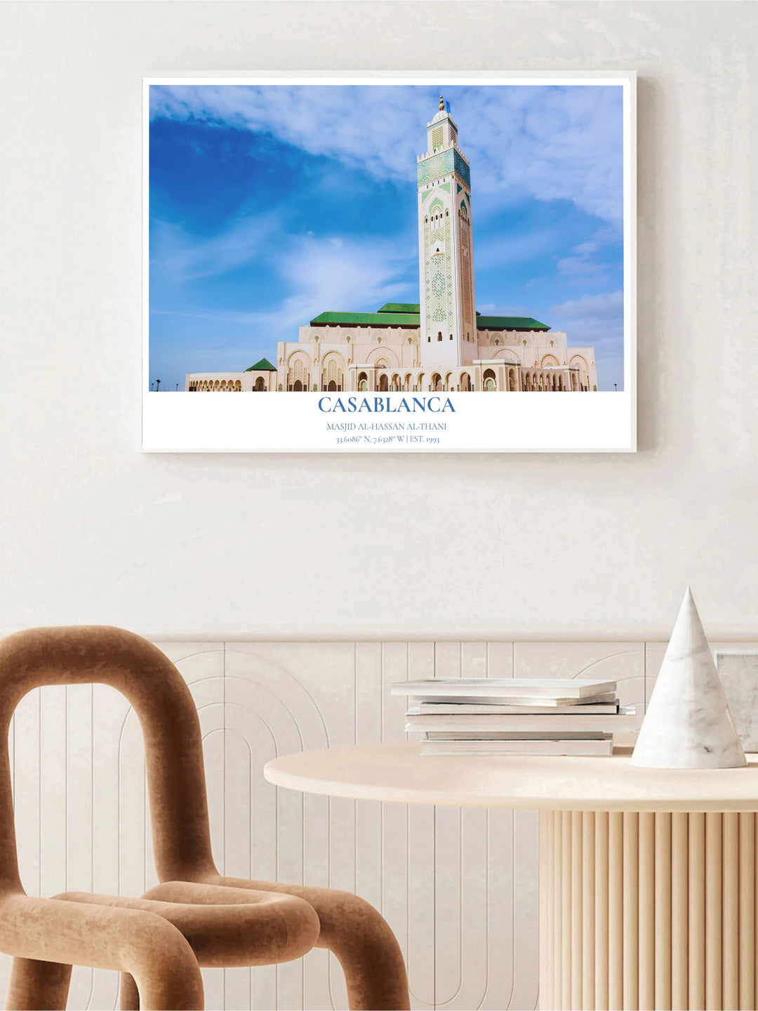 Architectural photo print of the sacred Hassan II Mosque in Casablanca Morocco with green tilework and towering minaret. Built by MapYourDreams, this artwork is available in flexible options including unframed paper, custom wooden frames, and gallery canvas wraps for modern apartment decor.