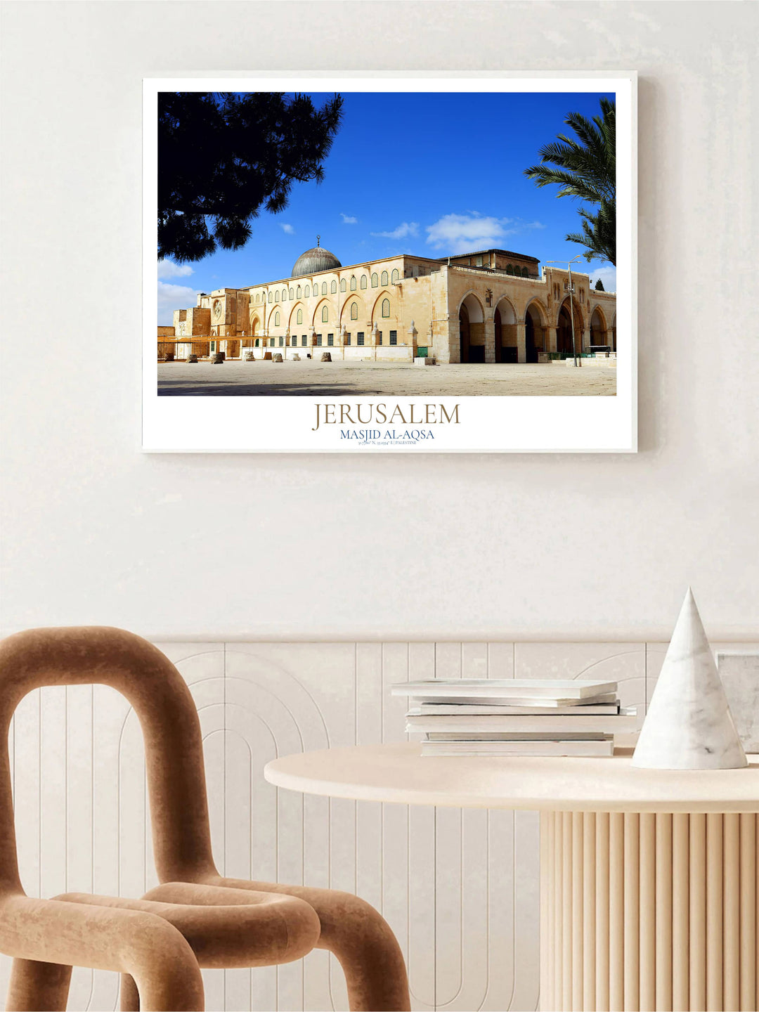 Scenic Jerusalem poster displaying Al Aqsa Mosque photo artwork with clean typography and country designation at bottom. Offered by MapYourDreams, this artwork is available in flexible options including unframed paper, custom wooden frames, and gallery canvas wraps to enhance any wall space.