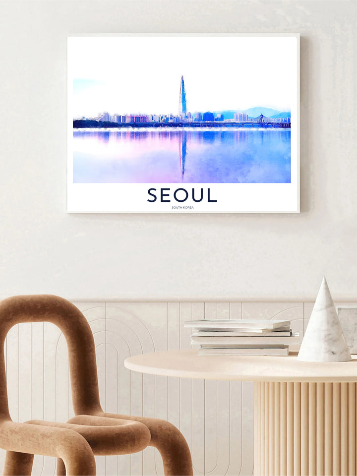 Impressionistic city art print detailing the towering silhouette of Lotte World Tower over the Han River in Seoul, South Korea, distributed by MapYourDreams in varied forms including unframed poster paper, sleek frames, and wrapped canvas to suit any wall layout.