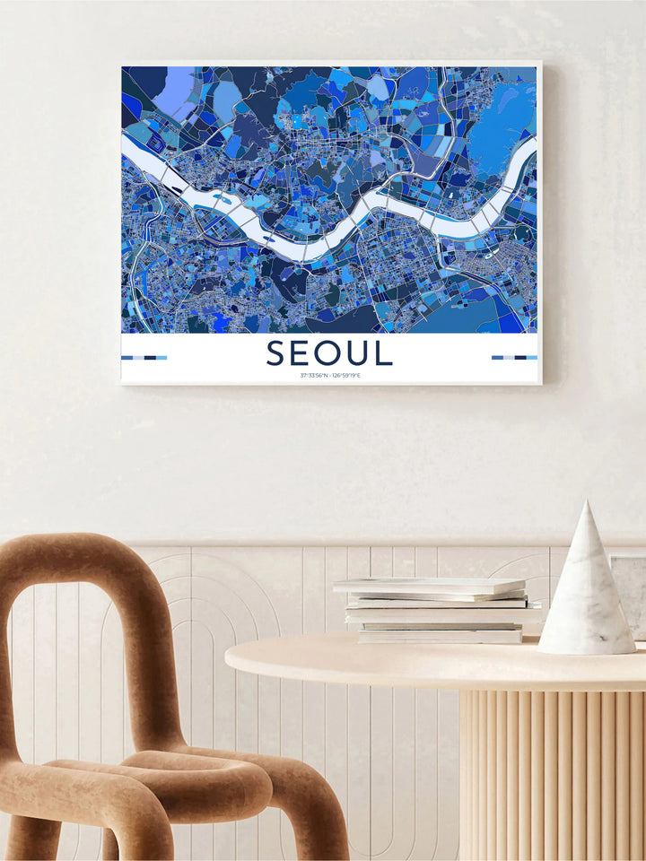 Mosaic blue street grid art print detailing the administrative districts and riverbanks of Seoul, South Korea, distributed by MapYourDreams in varied forms including unframed poster paper, sleek frames, and wrapped canvas to suit any interior wall layout.