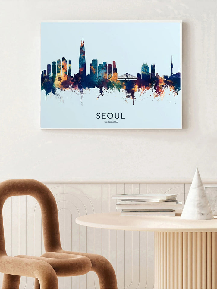 Minimalist watercolor print detailing geometric high-rises, paint drips, and N Seoul Tower in Seoul South Korea, distributed by MapYourDreams in varied forms including unframed poster paper, sleek frames, and wrapped canvas to suit any interior wall layout.