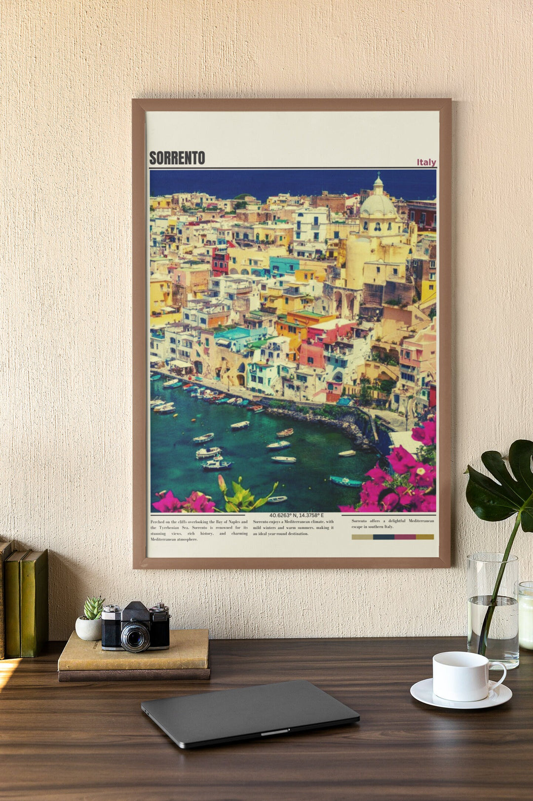 a picture of a city on a wall above a desk