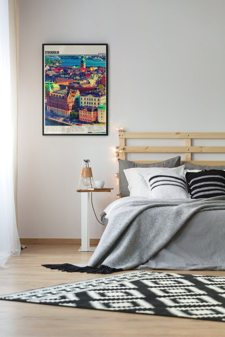 a bedroom with a large poster on the wall