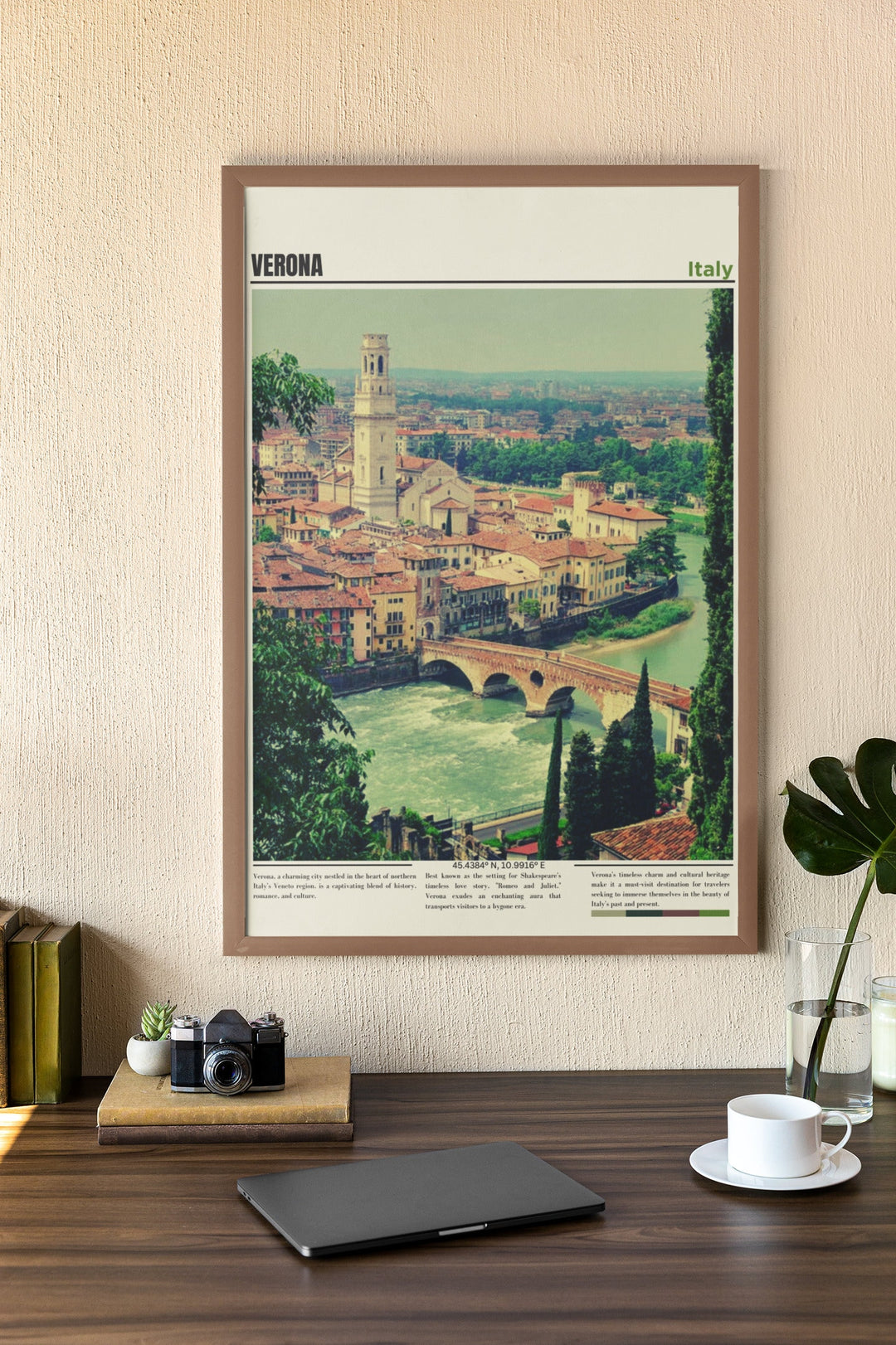 a picture of a city on a wall above a desk