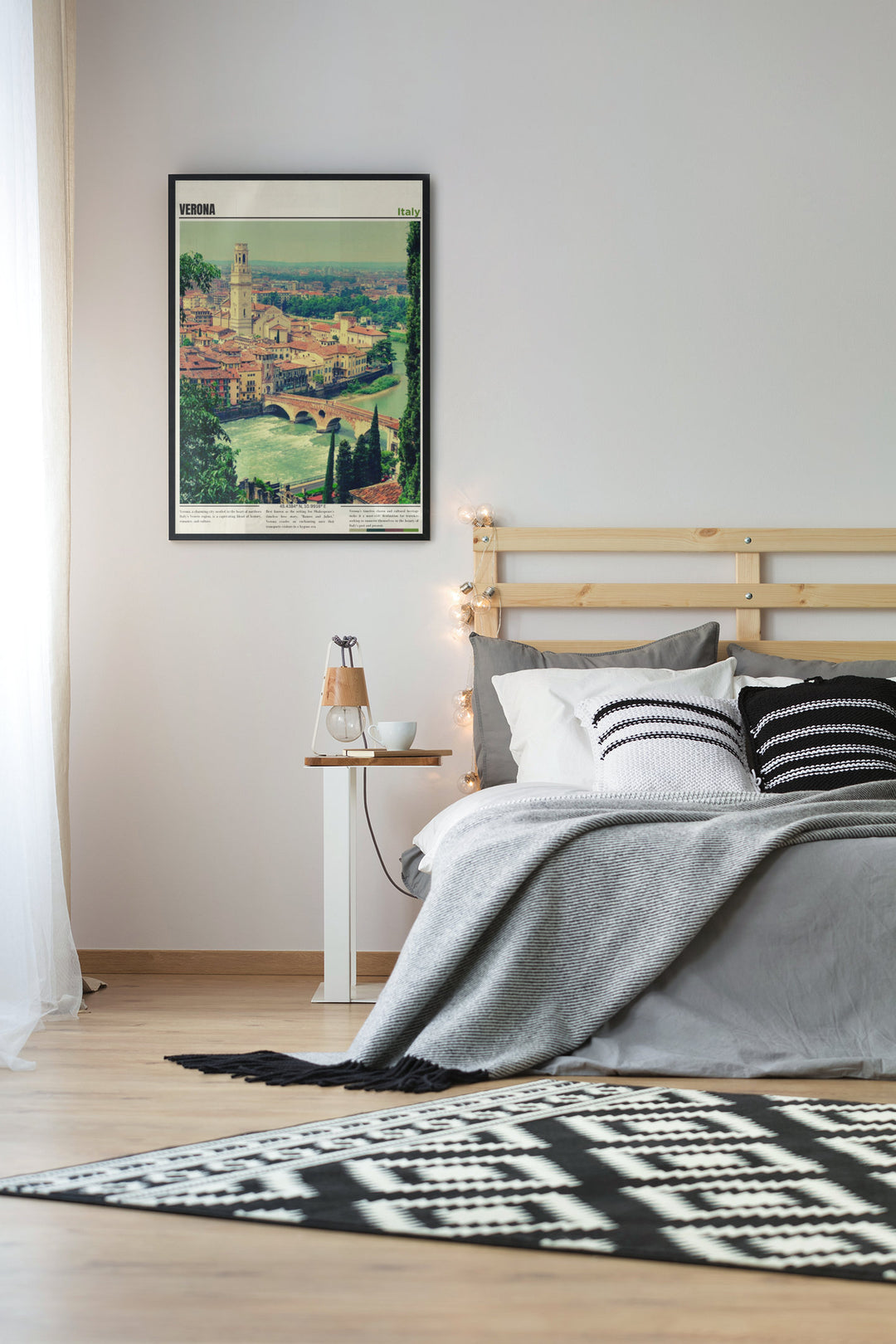 a bedroom with a large poster on the wall