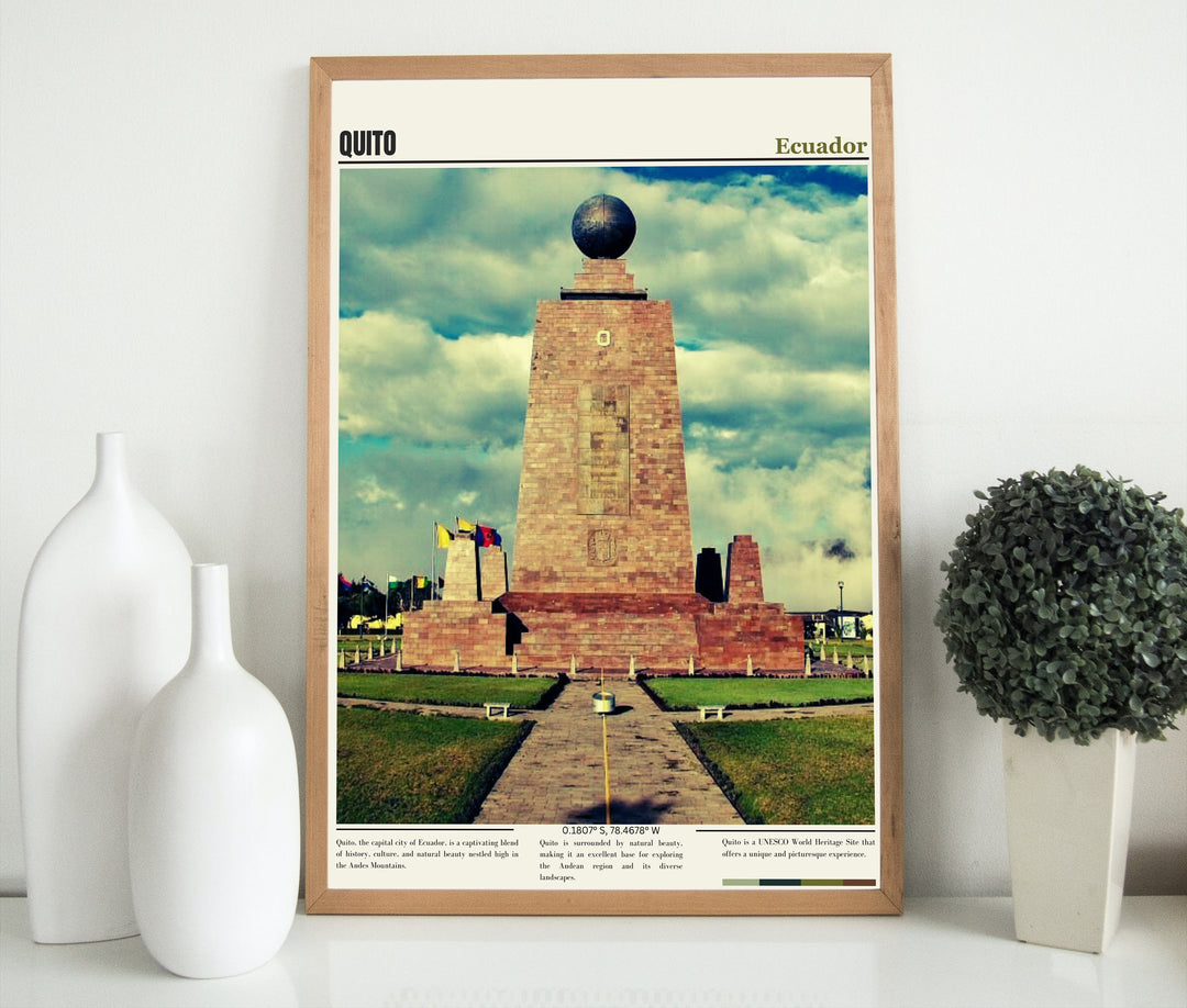 Elevate your decor with a Quito print. Celebrate travel, culture, and the charm of Quito, Ecuador, and the Monument to the Equator through this art print, ideal for your Quito-themed decor, infusing your space with the essence of this vibrant city