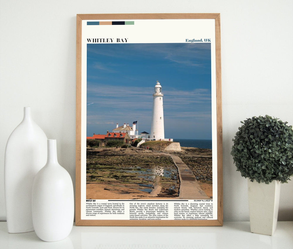 Vibrant English travel print featuring iconic landmarks like Tyne Bridge, South Shields, and Jesmond. Perfect housewarming gift for Whitley Bay enthusiasts. Explore the beauty of Newcastle Upon Tyne and Cullercoats in this stunning city art