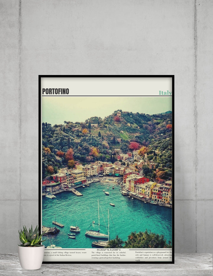 Enhance your decor with a charming Portofino Italy travel print. Ideal for Portofino wall decor, this poster captures the beauty of Italy&#39;s coastal gem, making it an ideal addition to your Portofino-themed space