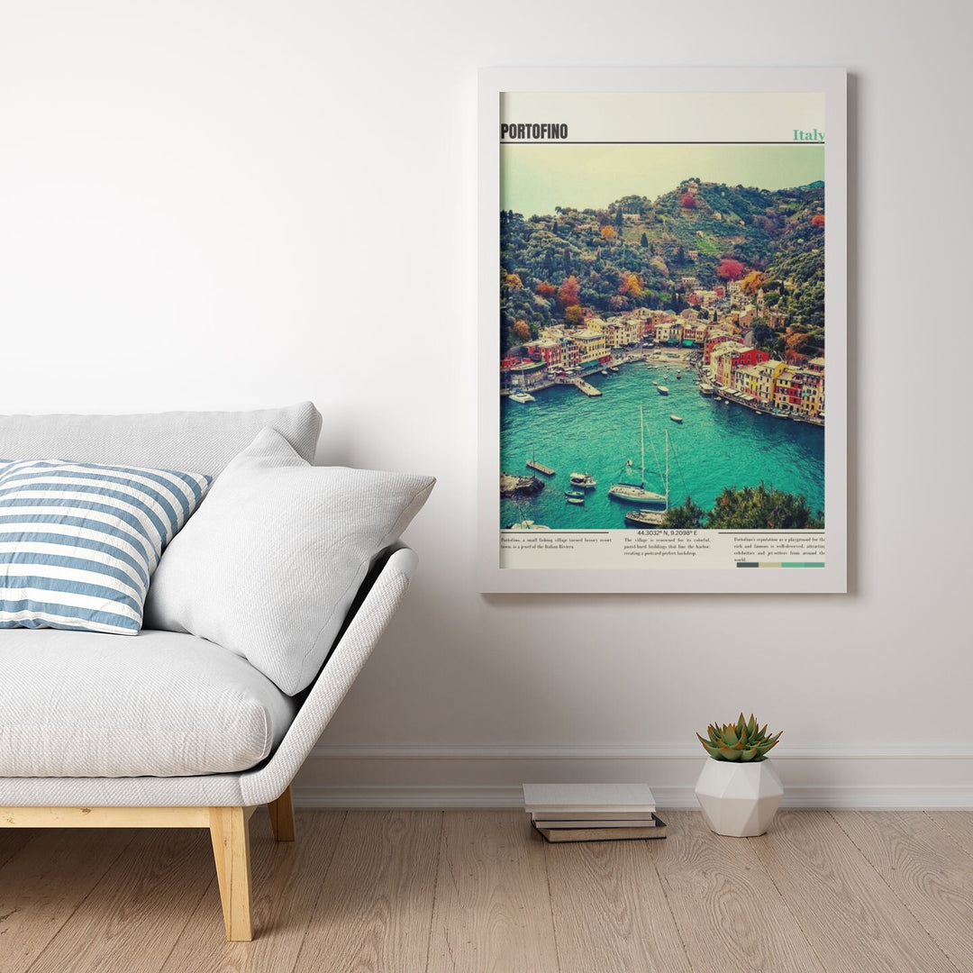 Enhance your decor with a charming Portofino Italy travel print. Ideal for Portofino wall decor, this poster captures the beauty of Italy&#39;s coastal gem, making it an ideal addition to your Portofino-themed space