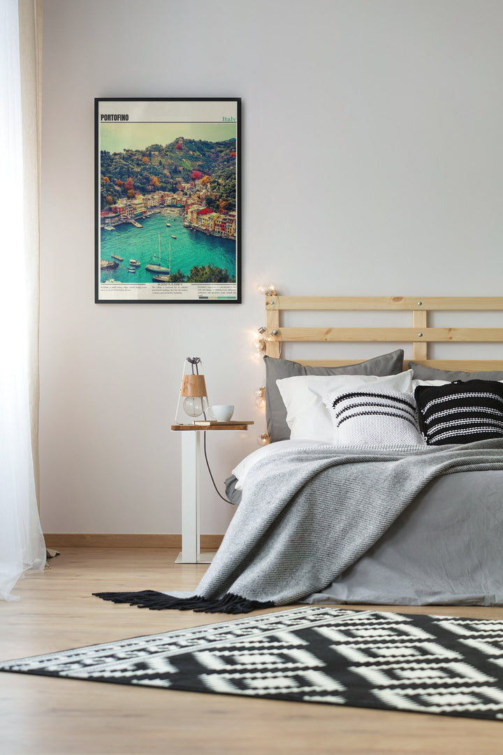 Enhance your decor with a charming Portofino Italy travel print. Ideal for Portofino wall decor, this poster captures the beauty of Italy&#39;s coastal gem, making it an ideal addition to your Portofino-themed space