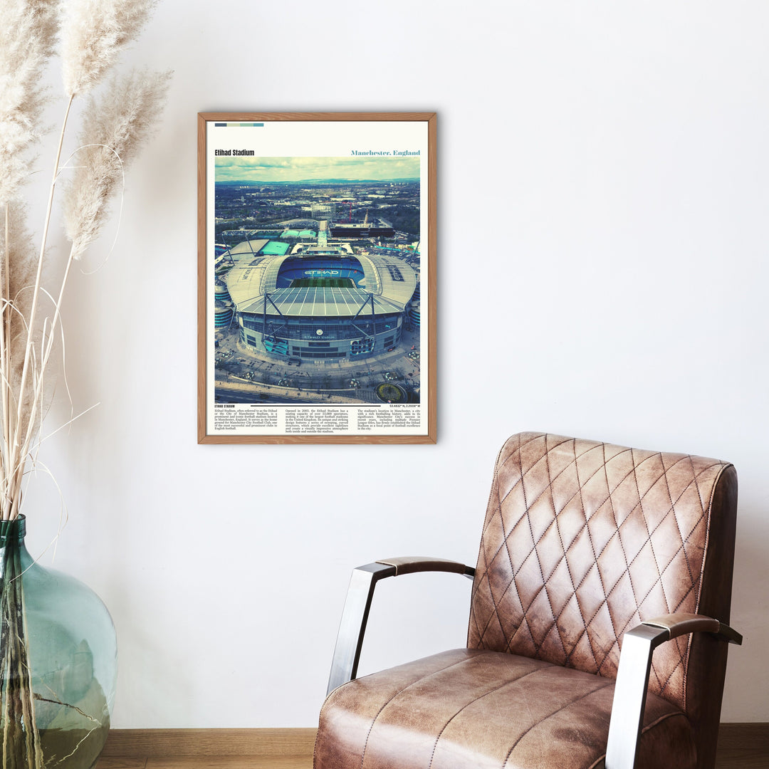 Celebrate Manchester City with an Etihad Stadium poster – ideal for football enthusiasts