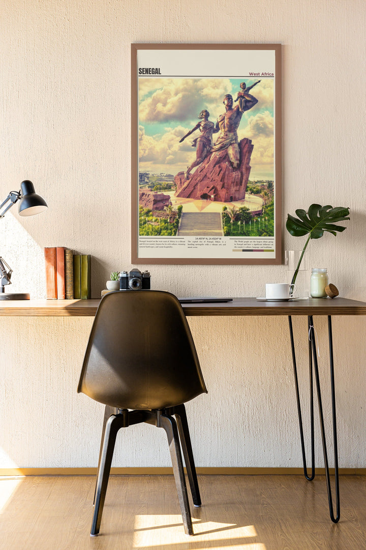 a desk with a chair and a poster on it