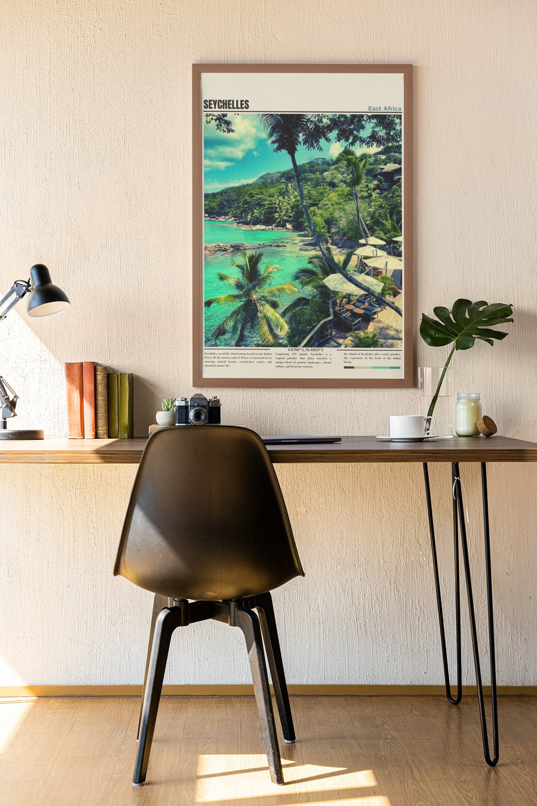 a desk with a chair and a picture on the wall