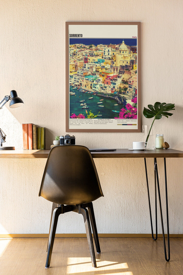 a desk with a chair and a picture hanging on the wall