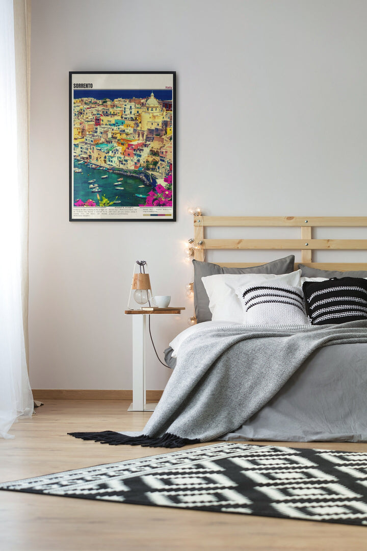 a bedroom with a large poster hanging above the bed