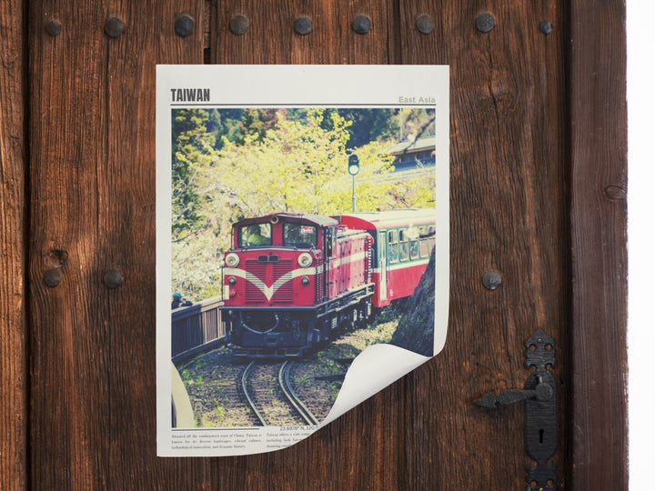 a picture of a red train on a wooden door