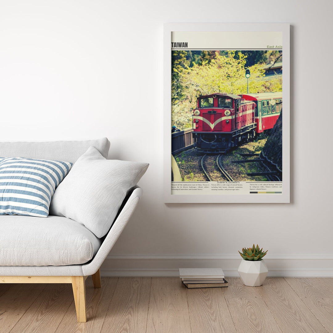 a picture of a train on a wall next to a couch