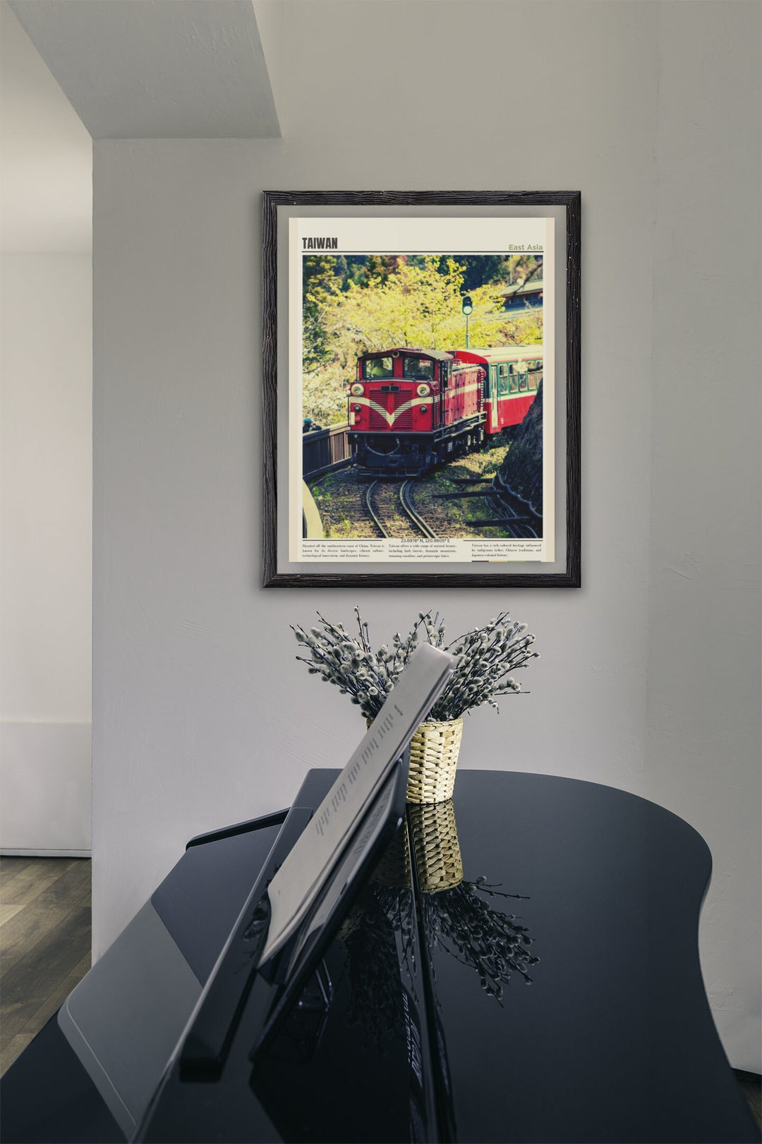 a picture of a train on a wall above a piano
