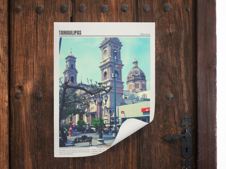 a picture of a clock tower on a wooden door