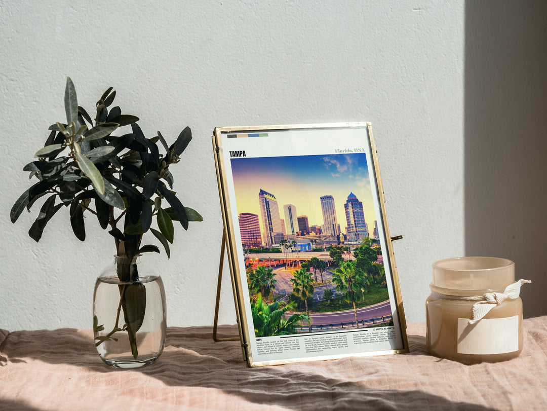 Enhance your home decor with this captivating Tampa Travel Print Wall Art, showcasing the vibrant beauty of Tampa, Florida, a perfect addition to any space or a thoughtful Housewarming Gift