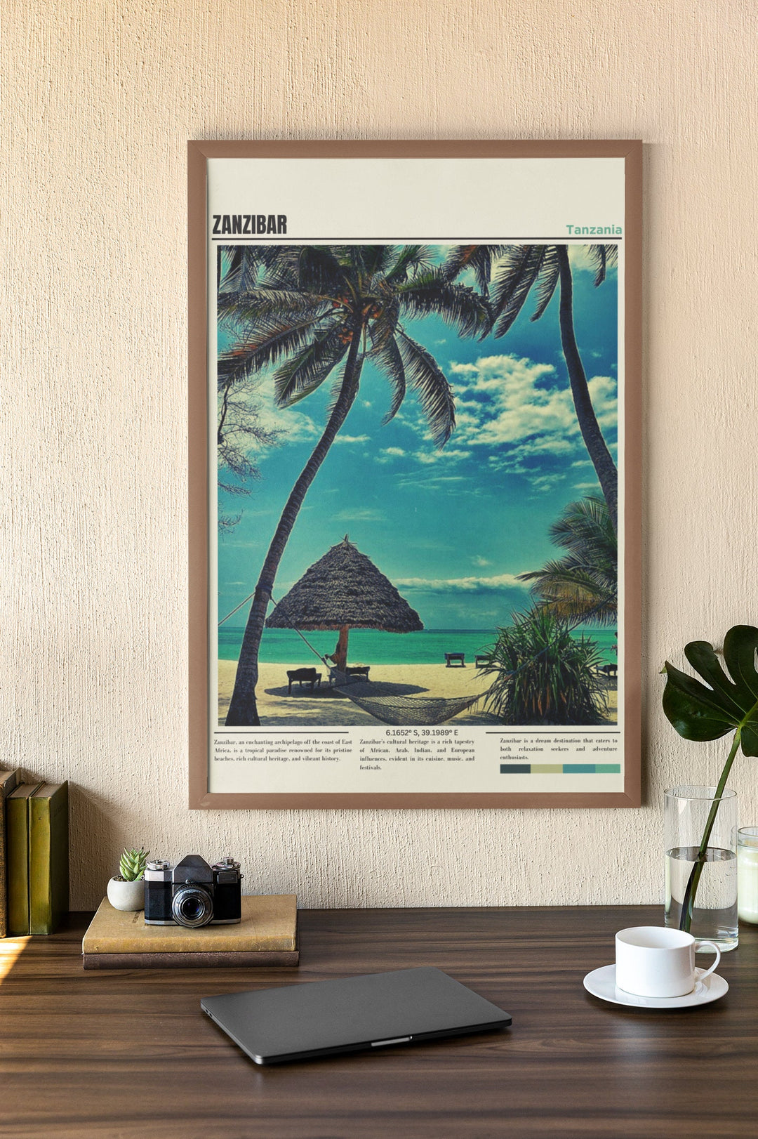 a picture of a beach with a hut and palm trees