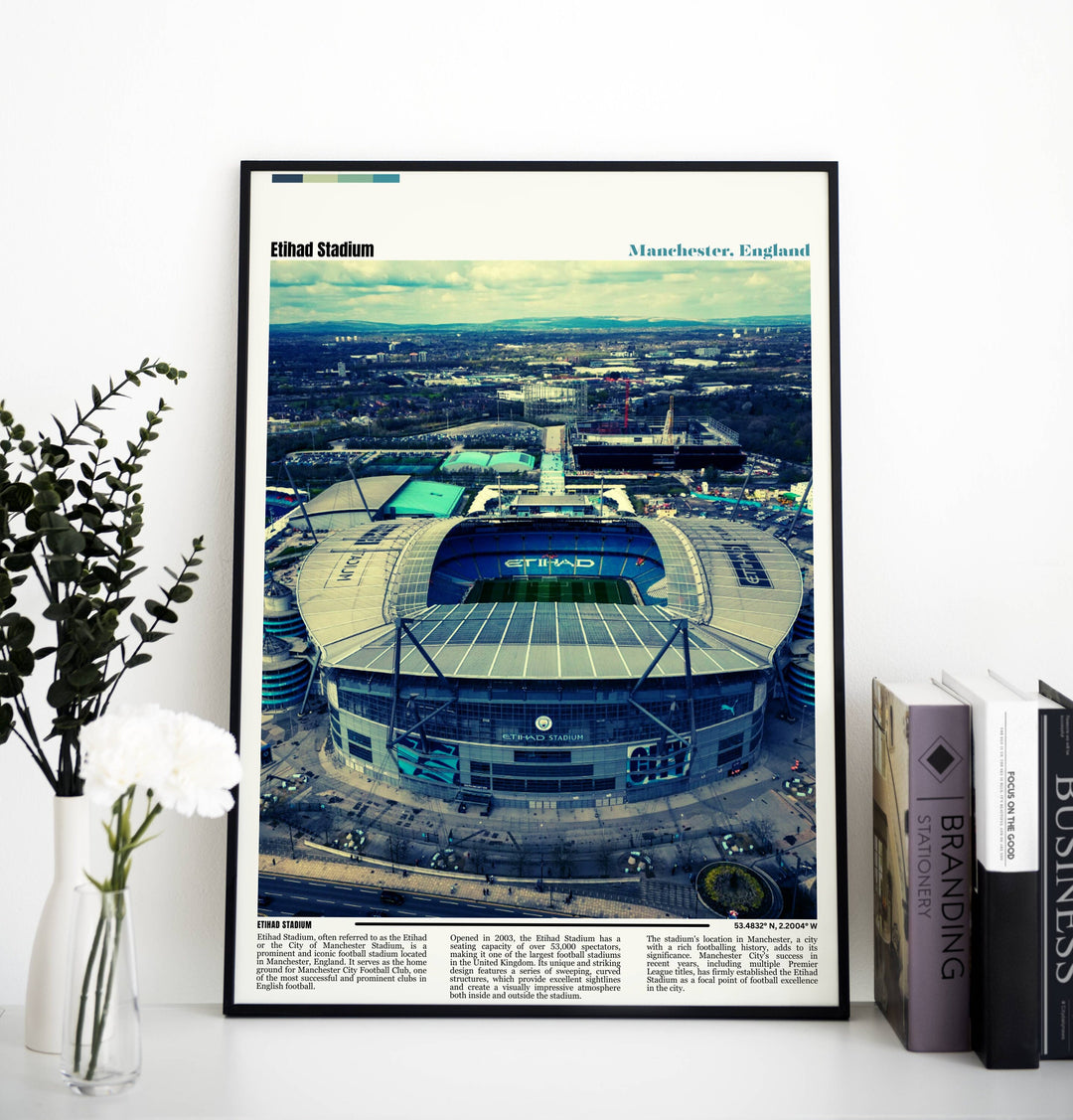 Man Citys iconic Etihad Stadium art print – the perfect Manchester City football poster and housewarming gift. Elevate your decor with this stunning Etihad Stadium art