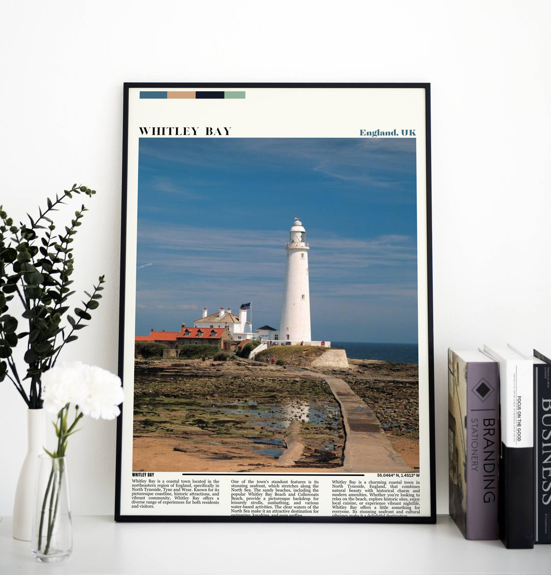 English travel print featuring the iconic landmarks of Newcastle Upon Tyne and Cullercoats
