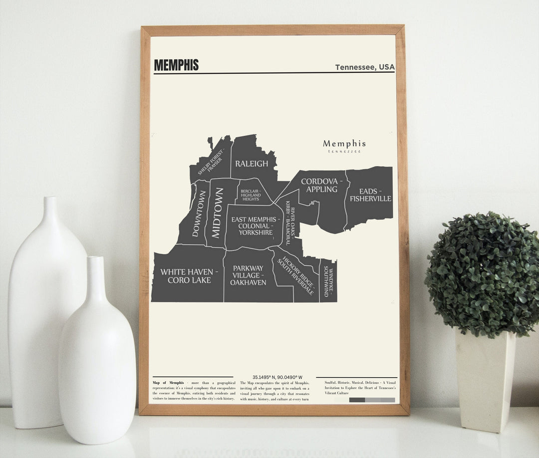 An artistic Memphis map print, ideal for wall decor, showcases the soulful heart of Tennessee in this captivating travel poster