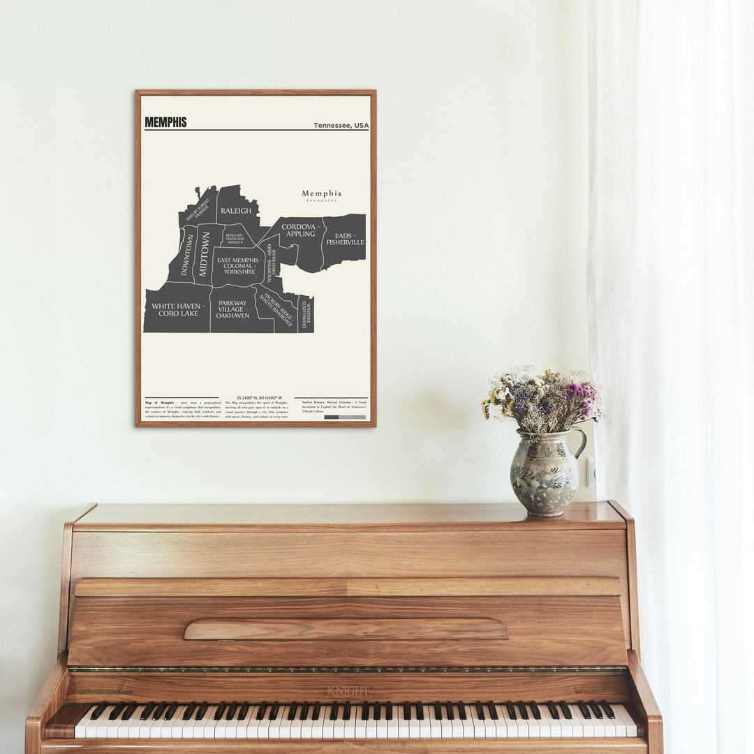 An artistic Memphis map print, ideal for wall decor, showcases the soulful heart of Tennessee in this captivating travel poster
