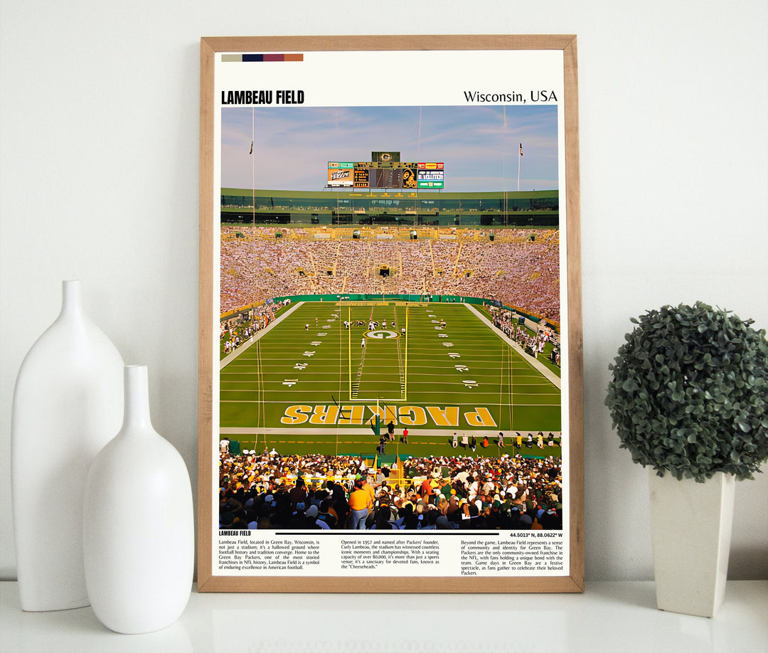 Green Bay Packers Print capturing the essence of iconic Lambeau Field - An impressive NFL Stadium Poster for Packers enthusiasts and Brett Favre devotees