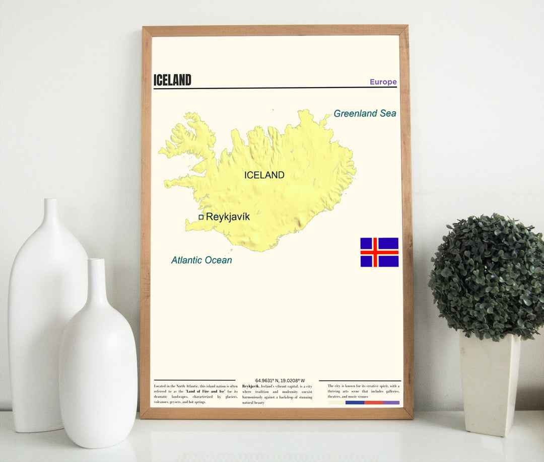 Elevate your space with an Iceland Map Print, featuring the captivating layout of Reykjavik. A unique Iceland Poster and Reykjavik Map for your décor.